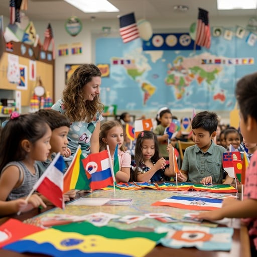 Multicultural classroom with international teacher and children